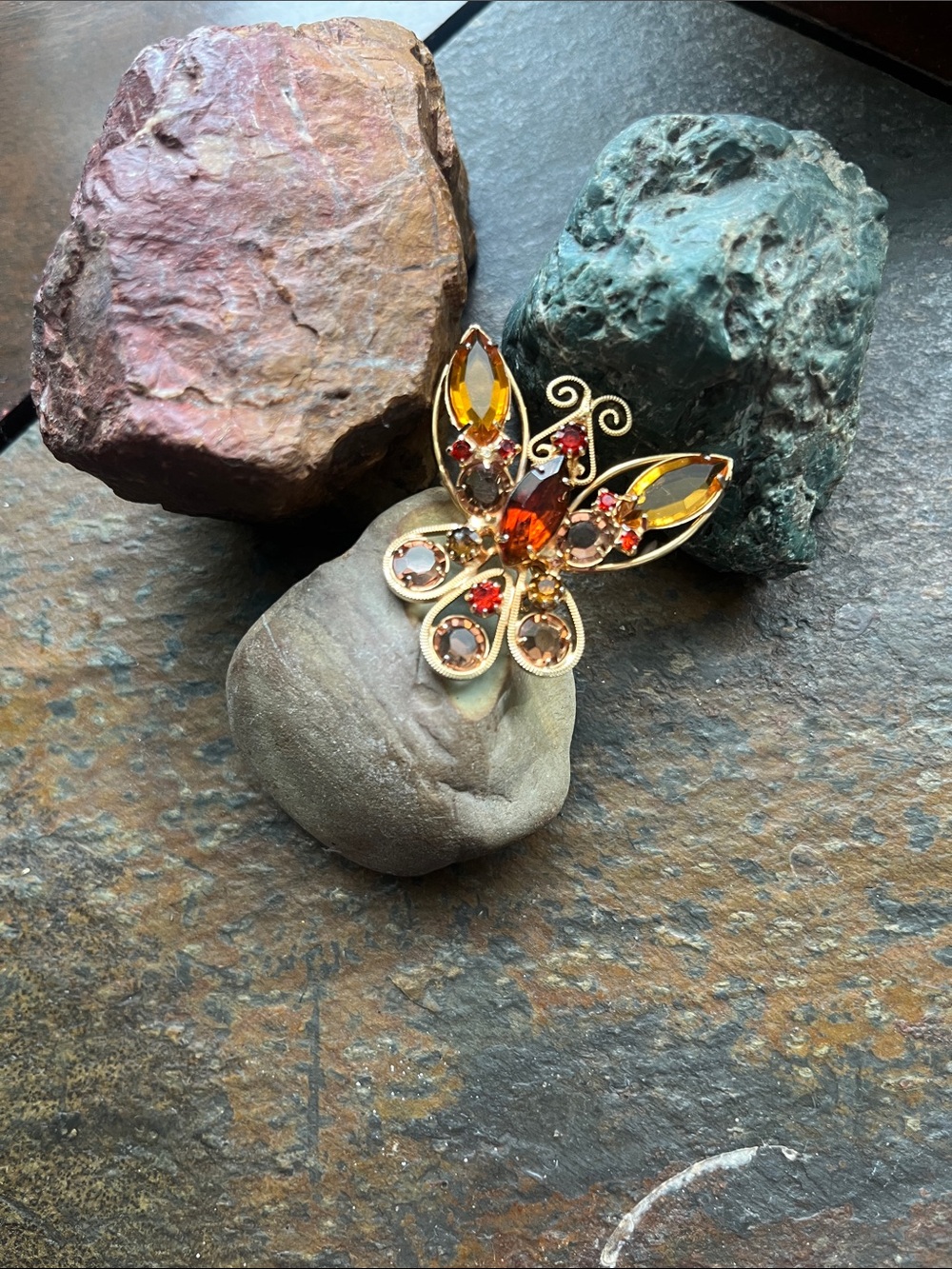 Gold-Tone Butterfly Brooch with Amber and Citrine Crystals